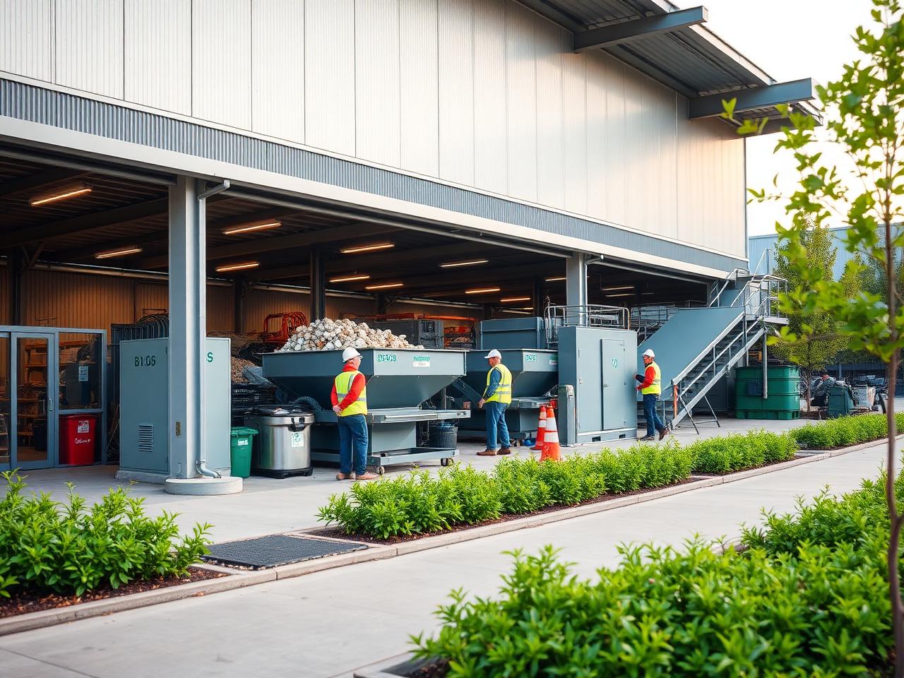 Modern recycling facility with sorting equipment and workers