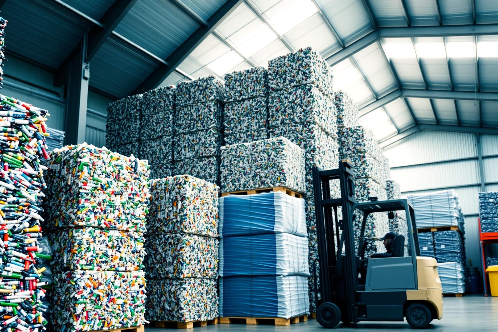 Warehouse of baled sorted plastic scrap ready for recycling