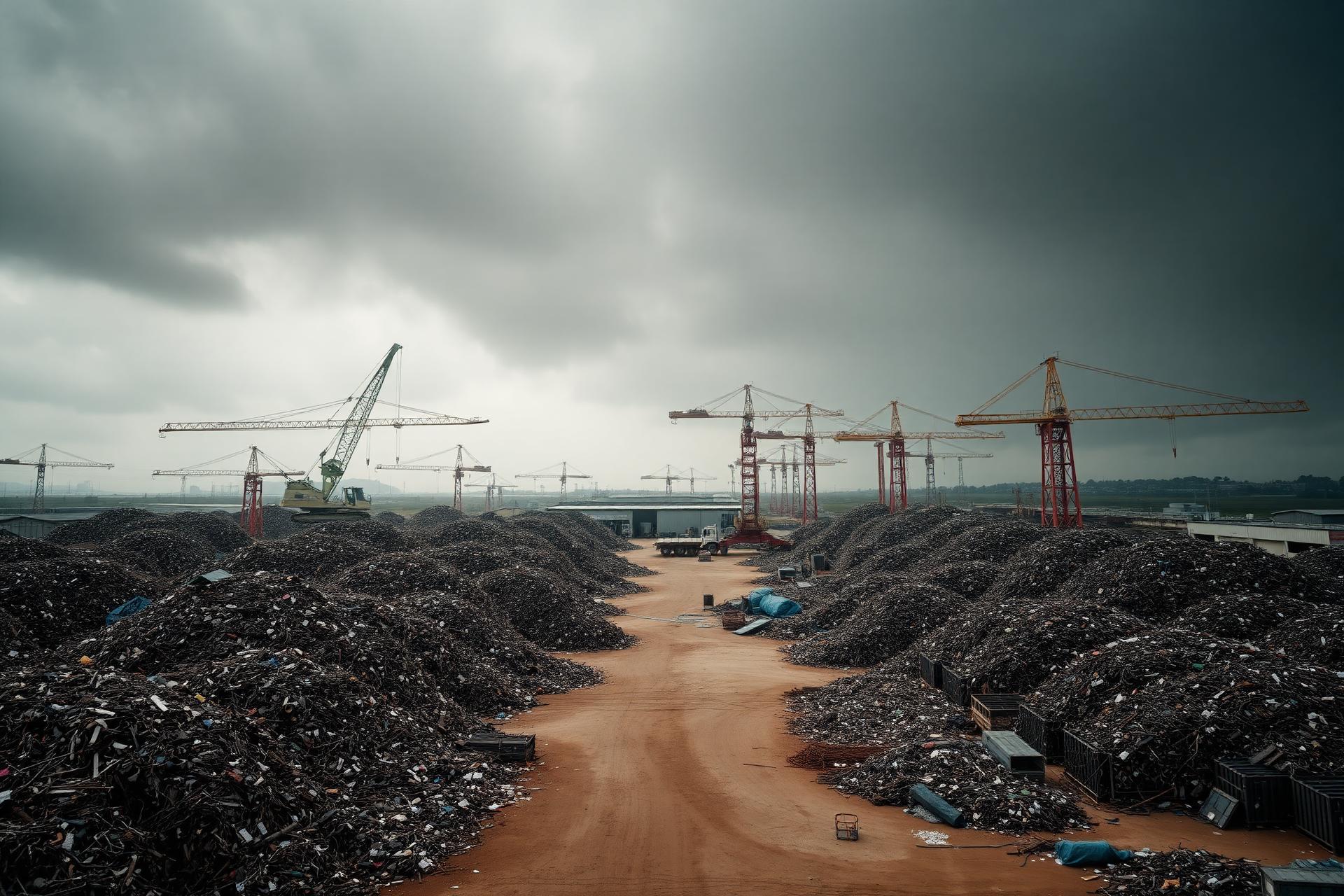 Industrial scrap metal recycling yard with sorted piles and cranes
