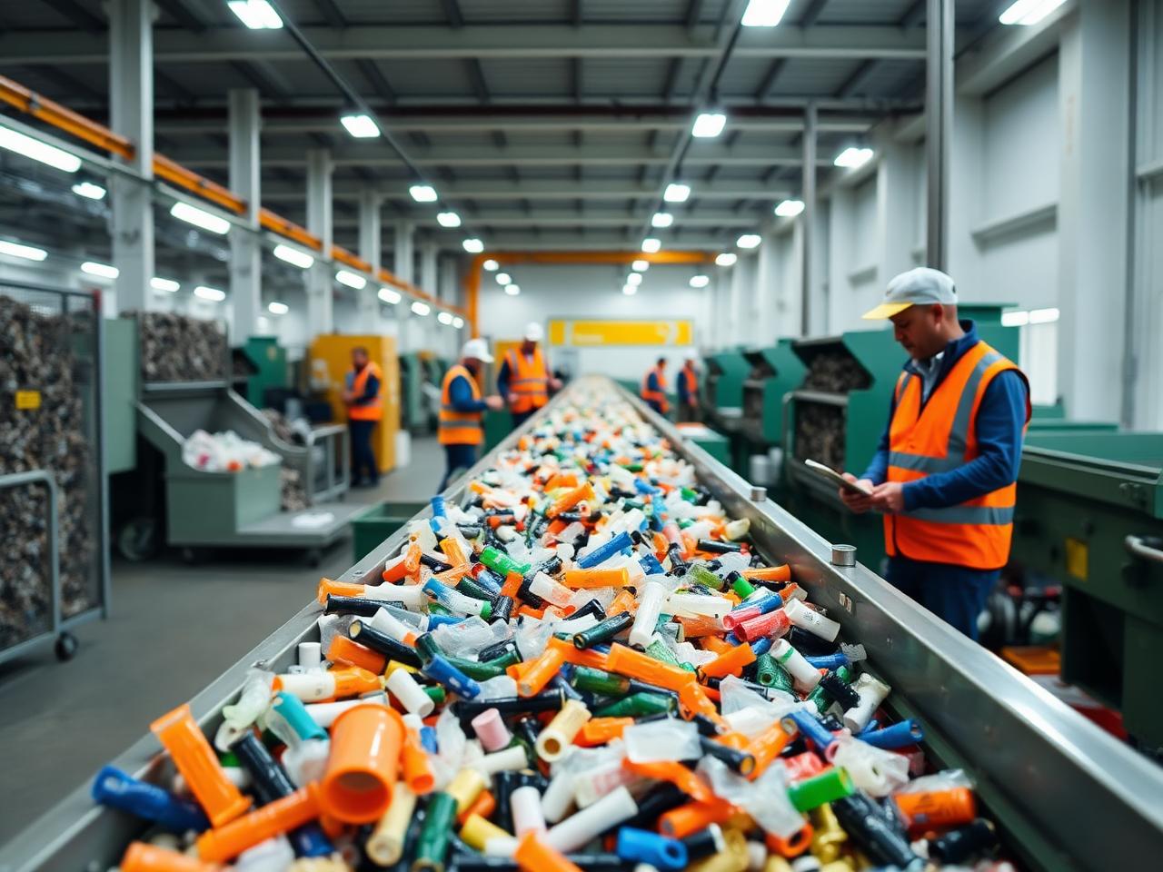 Plastic recycling sorting facility with conveyor and workers